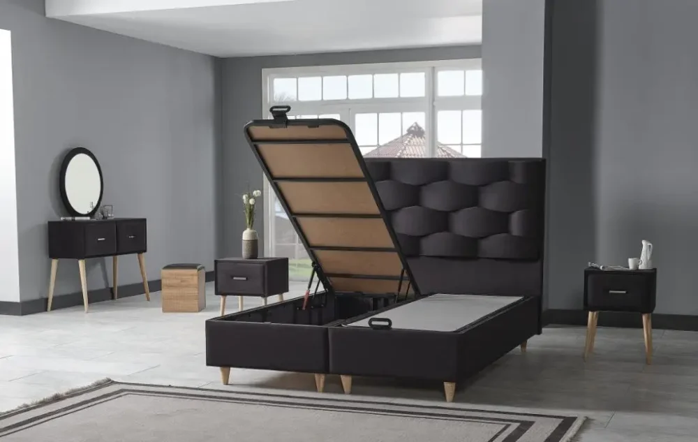 מיטה עם ארגז מצעים פתוח