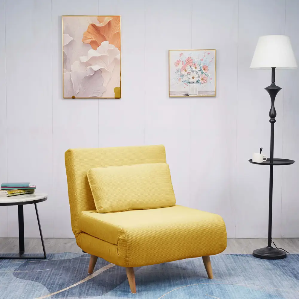 כורסא נפתחת למיטה מרופדת בד קורדרוי דגם סימפל-חרדל