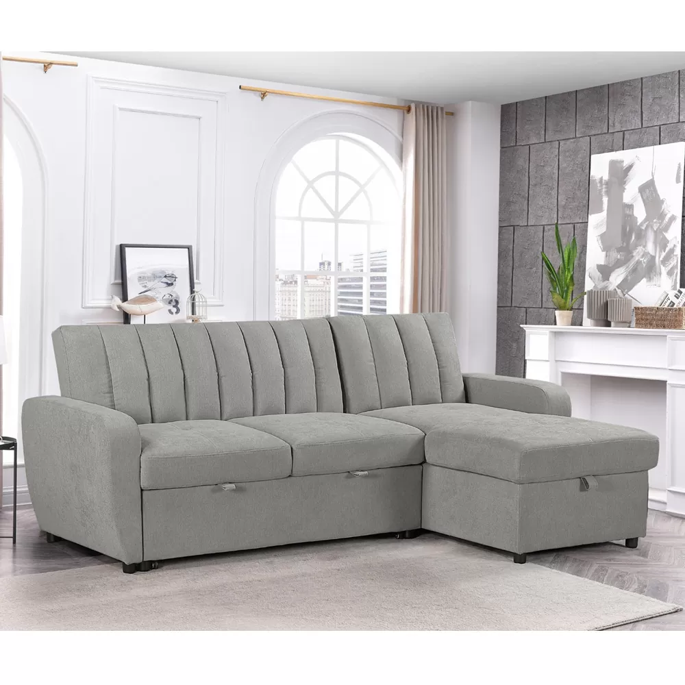 מערכת ישיבה פינתית מבד נפתחת למיטה זוגית עם ארגז מצעים דגם יוני -אפור