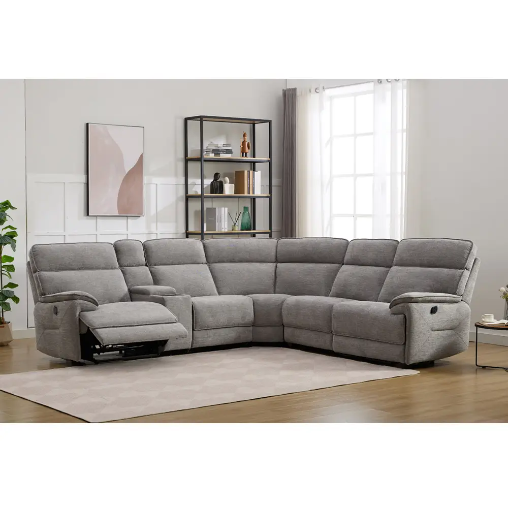 מערכת ישיבה פינתית מפנקת עם ריקליינרים ובר מרופדת בד רחיץ דגם קלאס-אפור