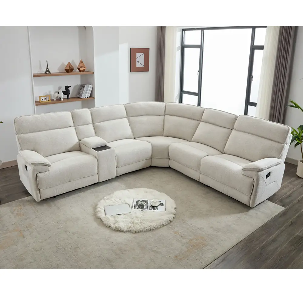 מערכת ישיבה פינתית מפנקת עם ריקליינרים ובר מרופדת בד רחיץ דגם קלאס-בז'