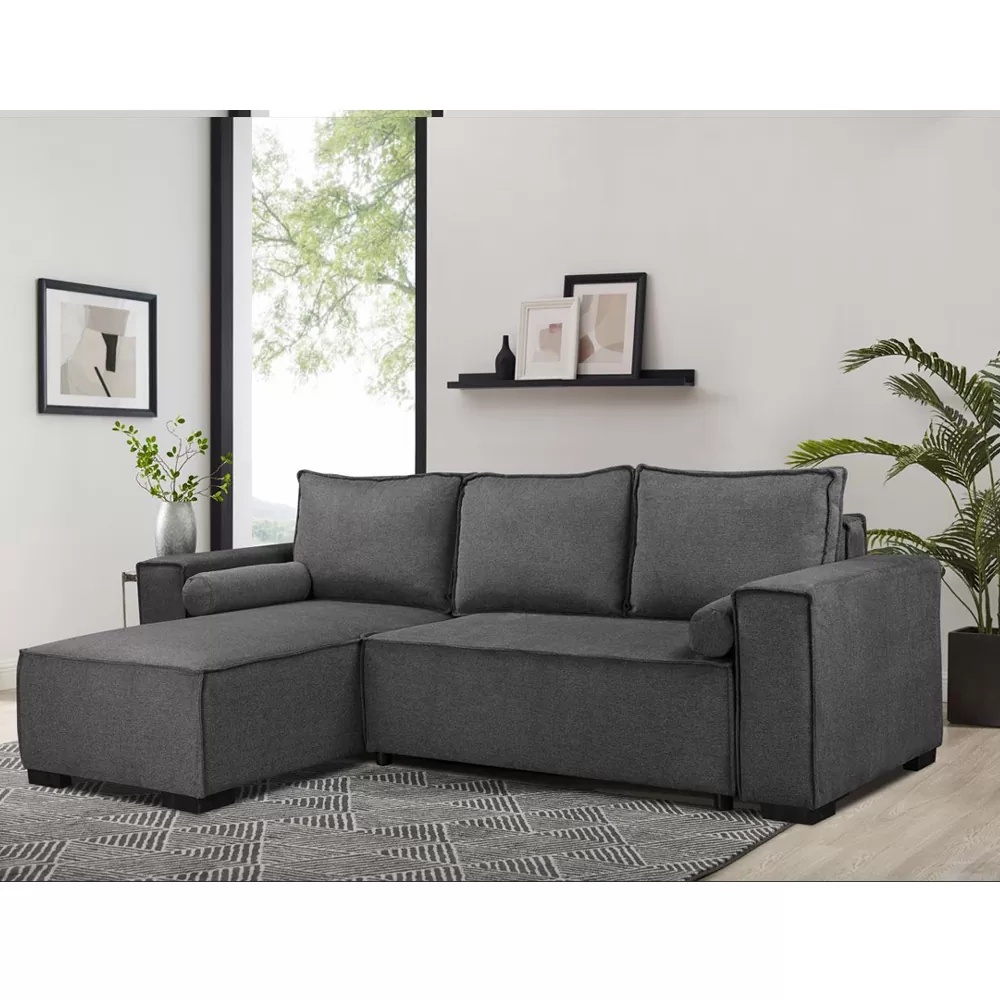 מערכת ישיבה פינתית נפתחת למיטה בריפוד בד עם ארגז מצעים דגם 21141 -אפור כהה