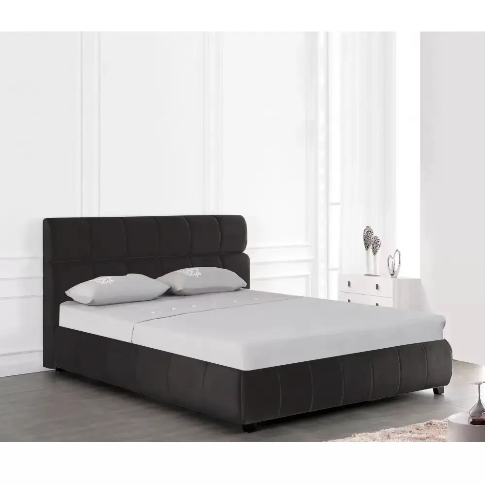 מיטה זוגית מעוצבת 140×190 בריפוד בד רחיץ עם ארגז מצעים מעץ דגם קינג – שחור